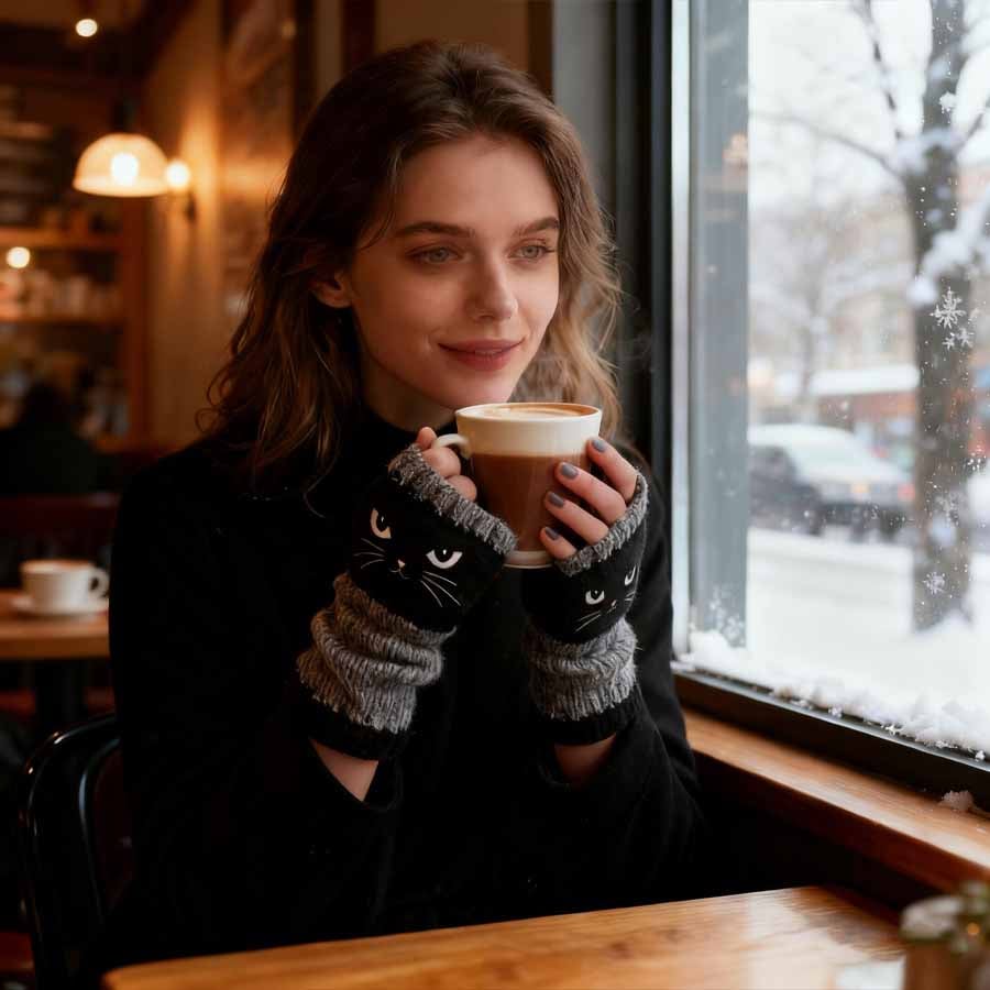 🧶Strick-Fingerloshandschuhe mit süßer Katzenbordüre