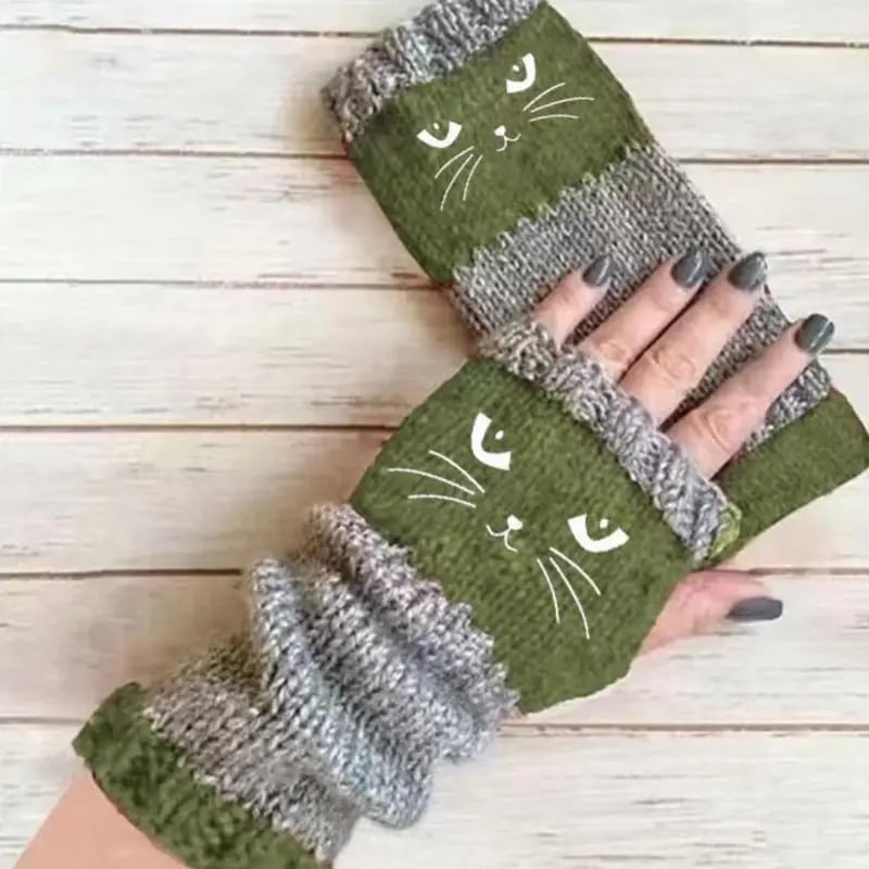 🧶Strick-Fingerloshandschuhe mit süßer Katzenbordüre