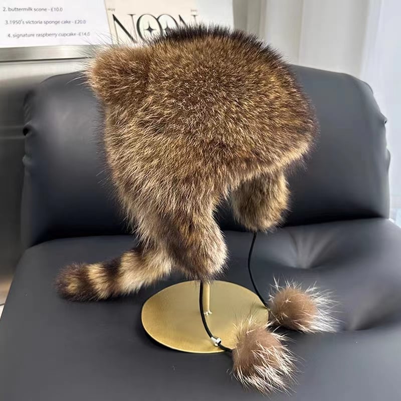 🔥Handgefertigte Mütze aus Waschbärpelzimitat