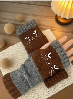 🧶Strick-Fingerloshandschuhe mit süßer Katzenbordüre
