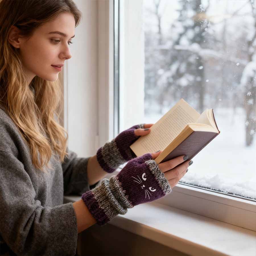 🧶Strick-Fingerloshandschuhe mit süßer Katzenbordüre