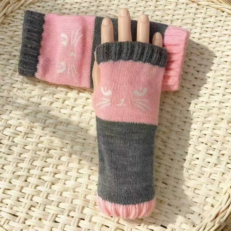 🧶Strick-Fingerloshandschuhe mit süßer Katzenbordüre