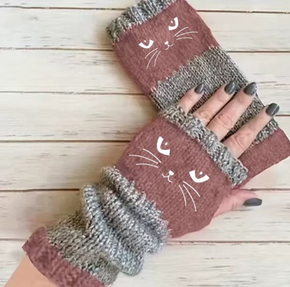 🧶Strick-Fingerloshandschuhe mit süßer Katzenbordüre